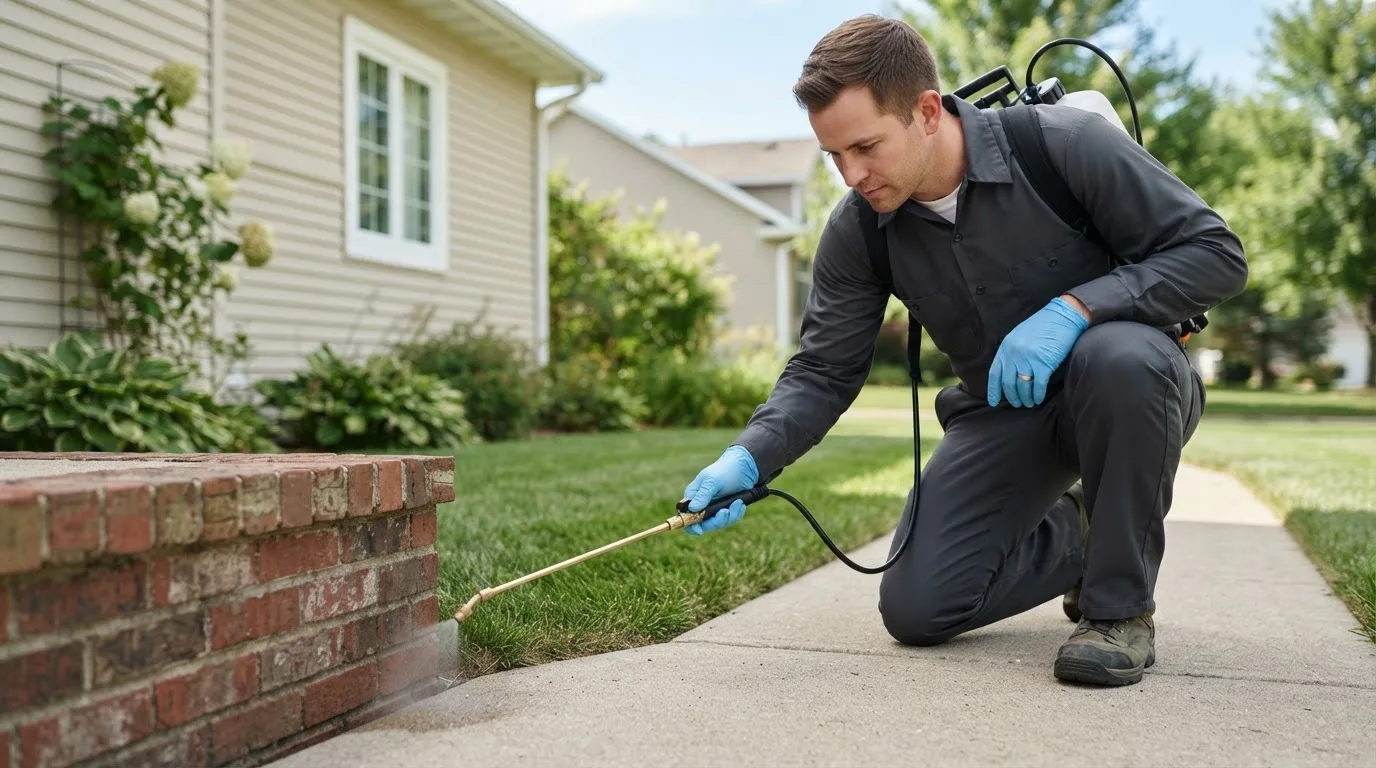 Pest control technician treating a home near Glen Ullin, ND